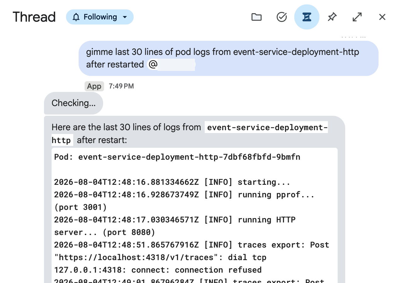 Google Chat bot demo — listing namespaces, rolling out a deployment, and reading pod logs in one thread